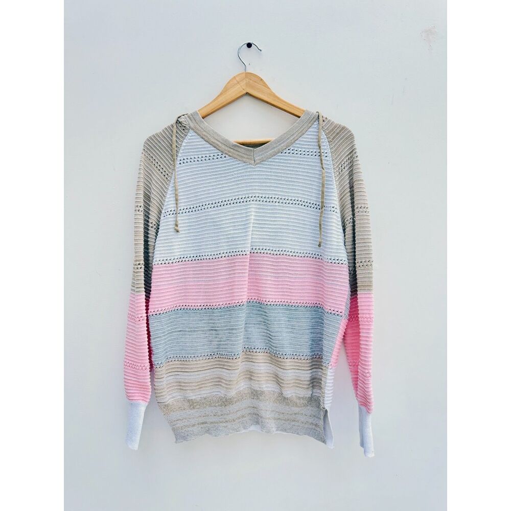 Pastel Striped Hooded Knit Sweater Pink Gray White Sz L-XL
